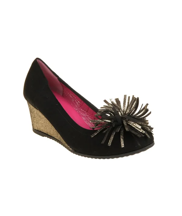 Decolté LE BABE in camoscio nero con zeppa laminata oro Donna